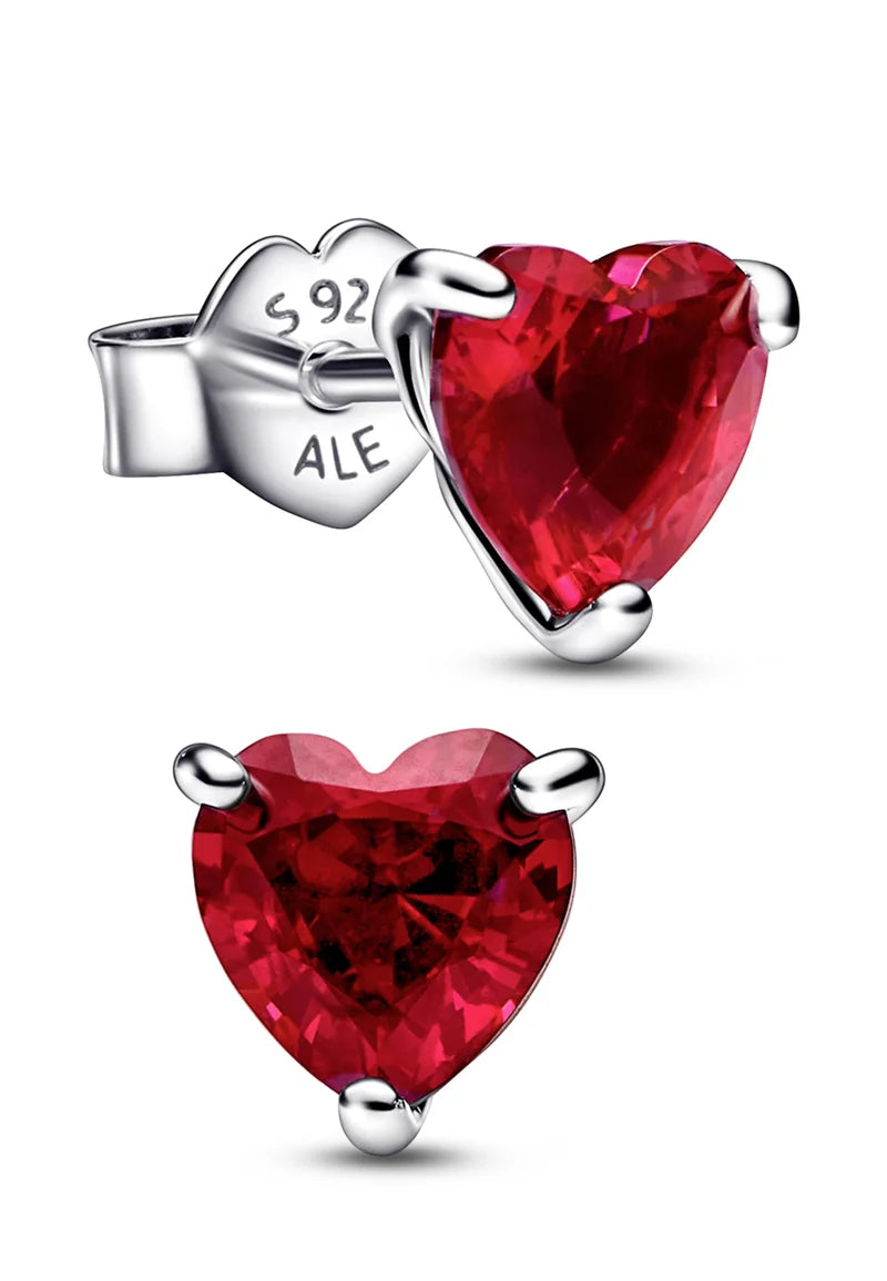 Red heart crystal stud earrings side view showing S925 ALE hallmark