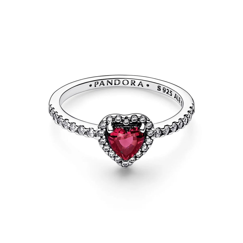 Pandora Sparkling Elevated Heart Ring in S925 sterling silver with red cubic zirconia and clear halo stones