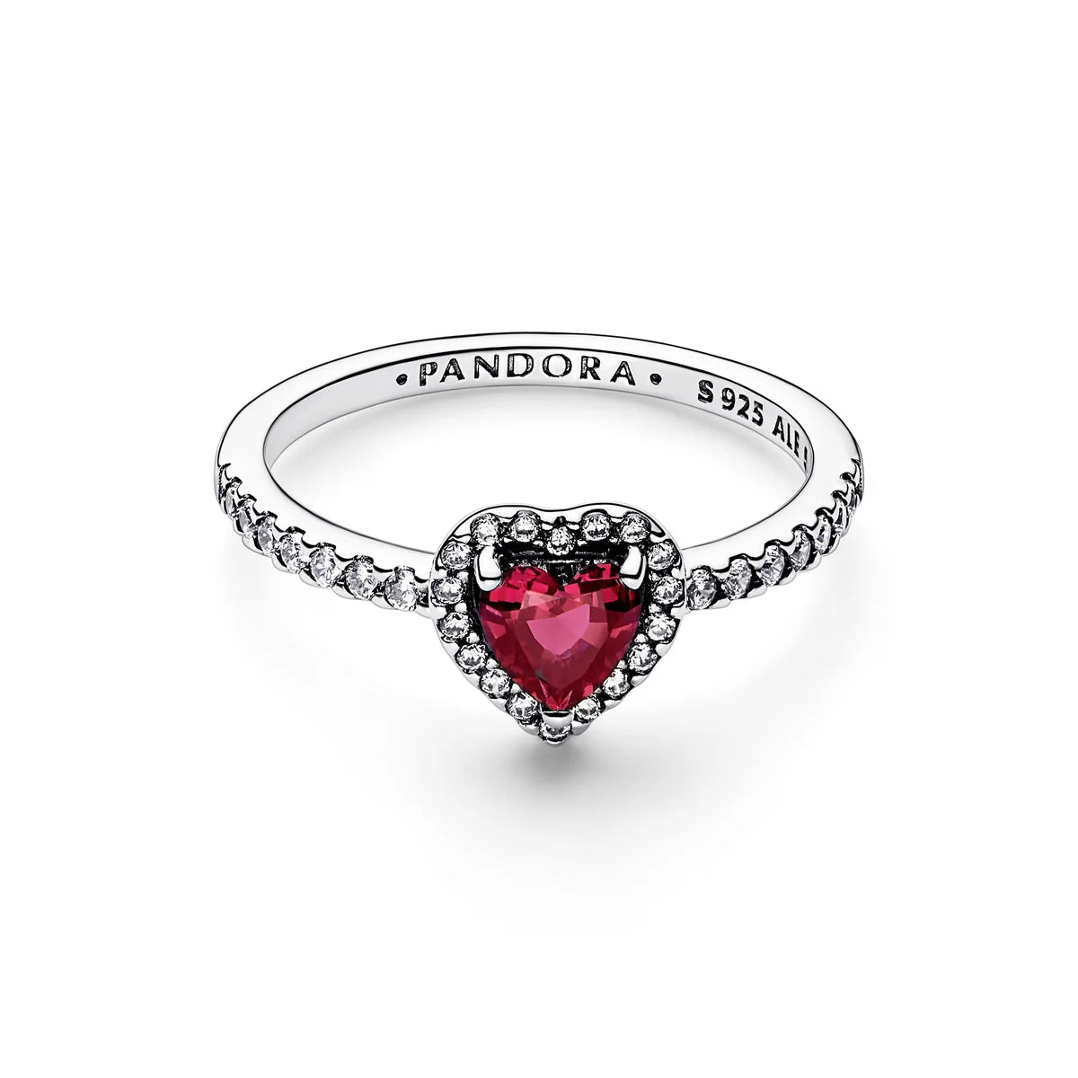 Pandora Sparkling Elevated Heart Ring in S925 sterling silver with red cubic zirconia and clear halo stones