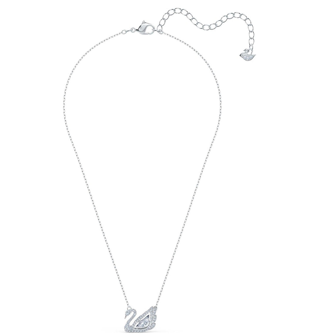 Silver swan necklace full length on white background showing adjustable chain and swan charm