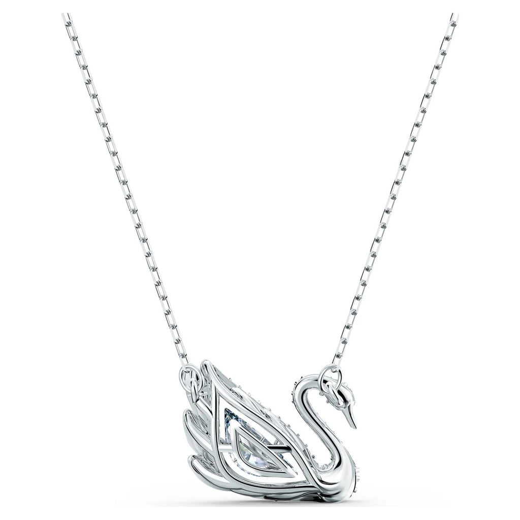 Silver swan pendant close-up showing clear zirconia pavé and marquise center stone