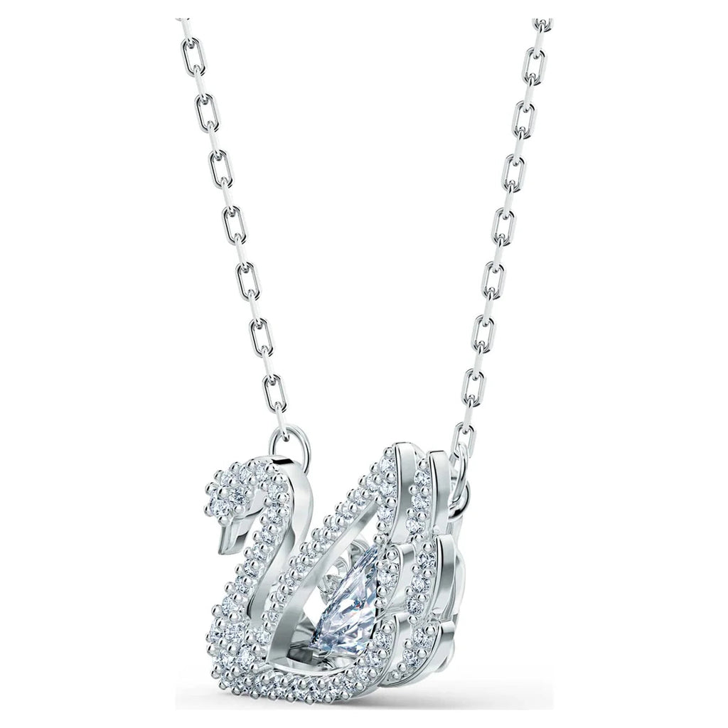 Silver swan necklace pendant detailed close-up showing layered wing design with zirconia stones