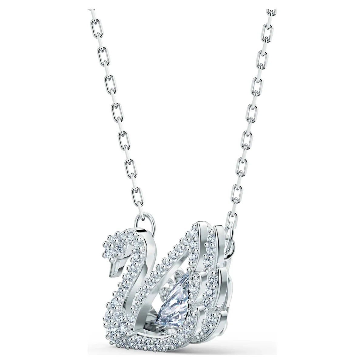 Silver swan necklace pendant detailed close-up showing layered wing design with zirconia stones