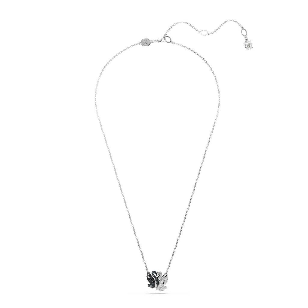 Double swan necklace full length view showing two contrasting black and white swan pendants on silver chain