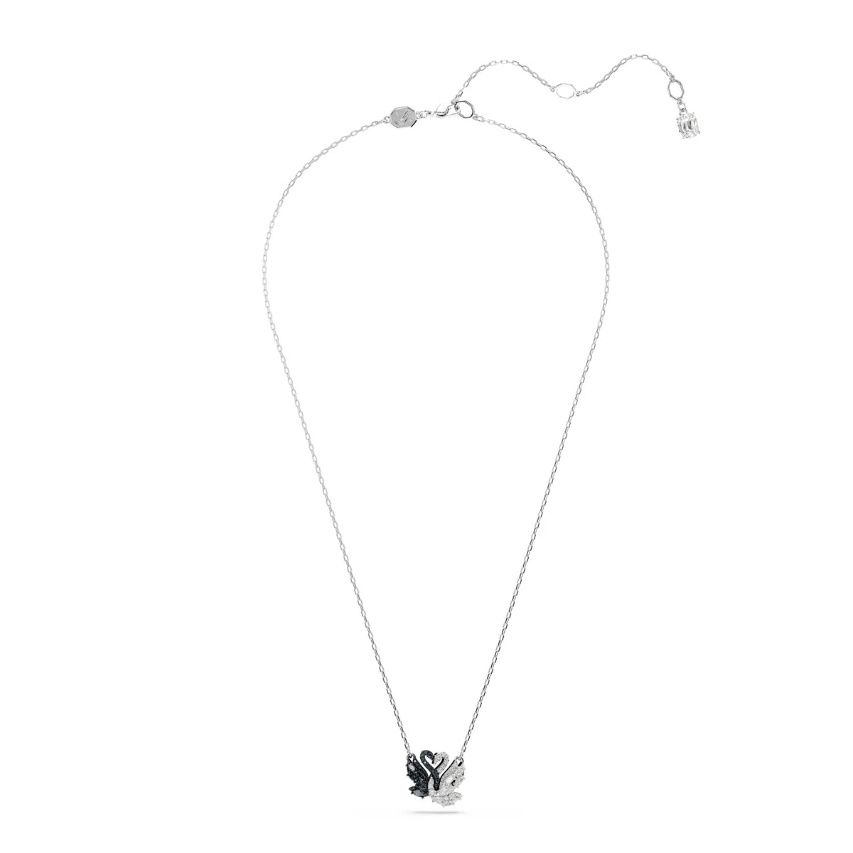 Double swan necklace full length view showing two contrasting black and white swan pendants on silver chain