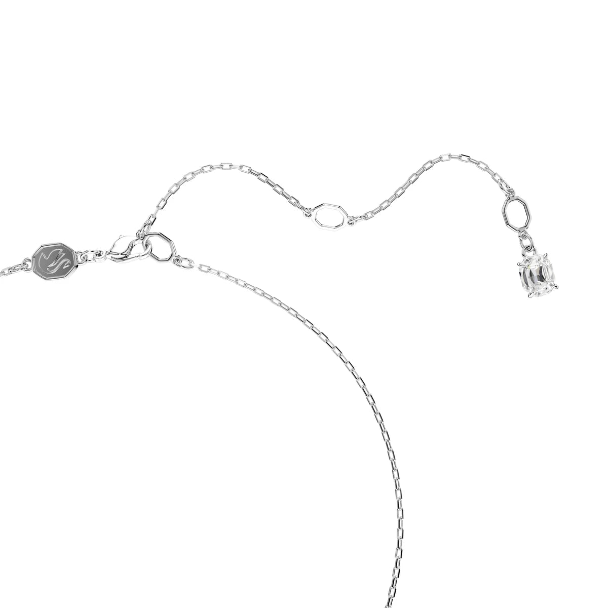 Double swan necklace chain and clasp detail with crystal drop charm