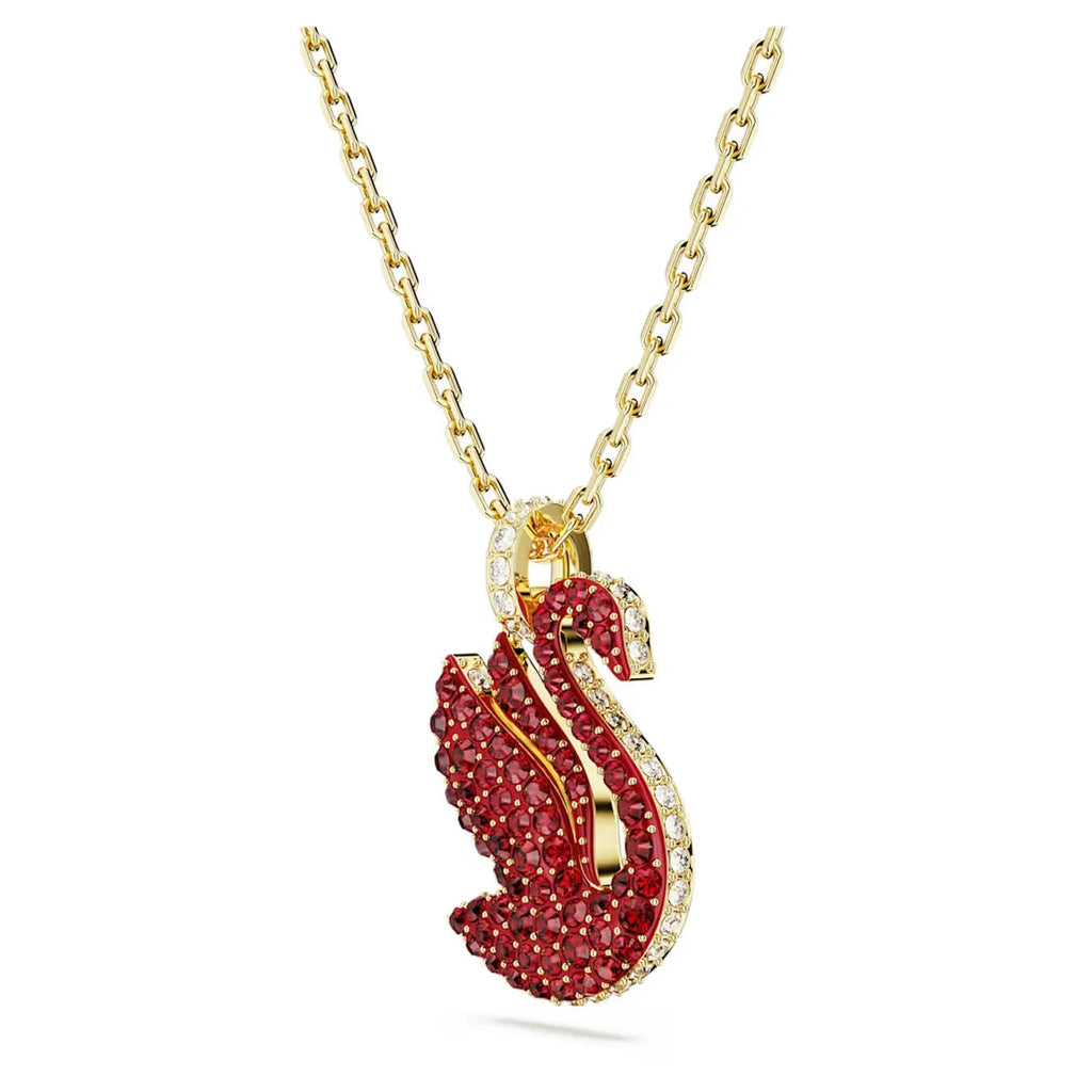 Red swan necklace with deep red zirconia stones and clear trim on gold-plated adjustable chain